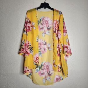 Cover-Up Top Womens Large Yellow Floral Sheer Mid Sleeve Open Front Unbranded